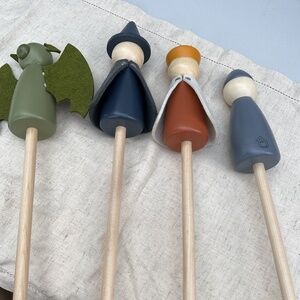 Collection of Scandinavian Wooden Show Puppets Figures King Knight Dragon Wizard